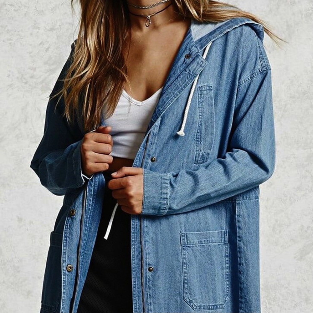 SOLD Forever 21 Denim Hoodie Jacket Oversized Parka Blue Pit to Pit 21β Size XS - Picture 1 of 16
